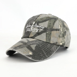 Detail of embroidered 'Going Away PARTY' text on camouflage vintage baseball cap