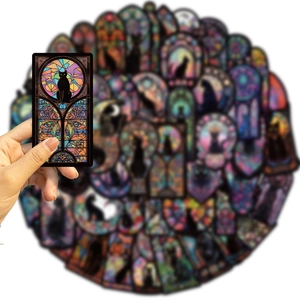 Gothic black cat stickers with colorful stained glass art for laptops and suitcases