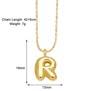 Detail view of gold letter R balloon pendant with chain dimensions and weight info