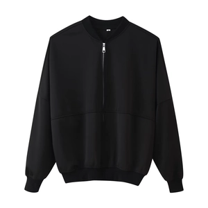 Detail of black zip-up bomber jacket with ribbed collar and size M label on white background