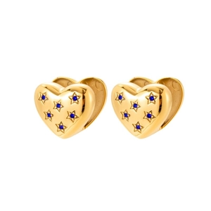 Golden heart-shaped stainless steel earrings with blue star-set gemstones