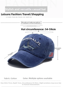 Detailed view of washed cotton baseball cap with fish embroidery and USA flag patch