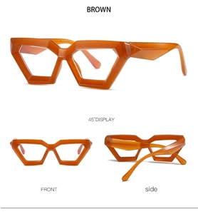 Three-angle display of brown irregular geometric eyeglass frames with thick temples