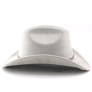 Detailed view of light gray faux suede cowboy hat featuring woven trim and curved brim