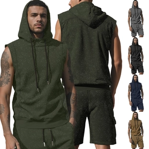 Men's olive green sleeveless hoodie and shorts athletic set with textured knit fabric