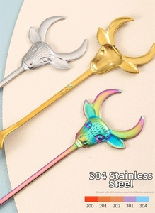 Detail of 304 stainless steel spoons with embossed bull head handle in gold and silver