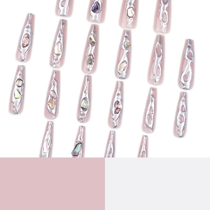 3D chrome y2k press-on nails with liquid metal silver edges and iridescent shell stones