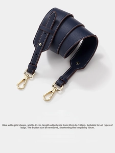 Blue lychee leather adjustable strap 4.1cm wide with gold buckle and contrast stitching