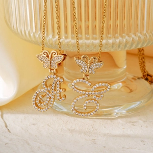 Fashion Stainless Steel Butterfly Initial Pendant Necklace Zirconia Inlaid Gold Alphabet Necklace For Women Men Jewelry Gift