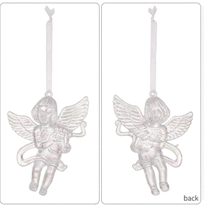 Detail view of the front and back of clear acrylic angel ornaments with white cords