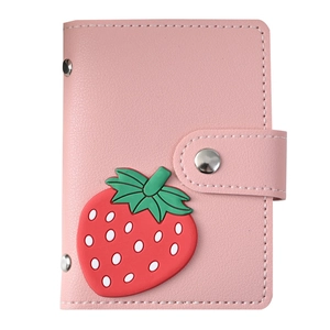 Pink lychee leather card holder with 26 slots, snap button, and cute strawberry patch