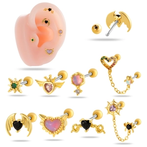 Cartilage Stud Piercing Jewelry Copper Inlaid Zircon Heart Star Bat Wing With Stainless Steel Post Ball Screw Back