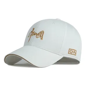 White cotton baseball cap featuring elegant gold Chinese calligraphy embroidery