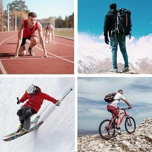 Outdoor sports scene montage showing running, hiking, skiing, and cycling in breathable mesh socks