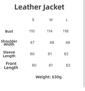 Size chart for women's faux leather jacket showing bust and sleeve measurements in cm