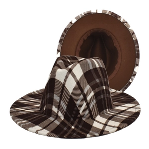 Classic British plaid fedora hat with wide brim and dark brown felt lining detail