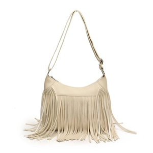 Chic beige hobo bag with long tassels and pebbled leather finish in minimalist style