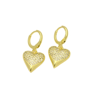 Macro detail of gold plated heart earrings with white cubic zirconia pavé stones