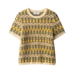 Haut à Manches Courtes en Tricot à Motifs Géométriques Argyle Rétro pour Femmes Col Rond Vintage Style de Rue Jacquard