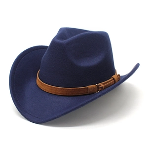 Detail of navy wool felt western cowboy hat with brown suede band and gold metal buckle