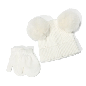White knit baby winter set including a ribbed beanie with double pompoms and mittens