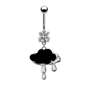 Detailed view of silver navel ring featuring a black cloud and silver waterdrop charms