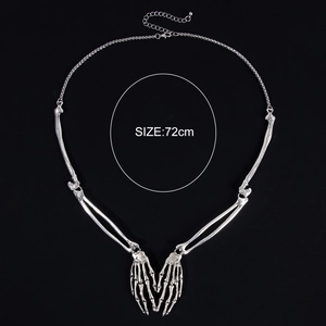 Gothic silver alloy skeleton hand necklace for Halloween party costume jewelry 72cm length