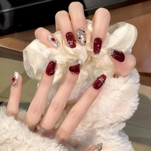 Press On Nails Ox Blood Red Cat Eye Resin Heart Rhinestones Silver Metal Texture Long Elegant Wedding Party Glamorous False Nails