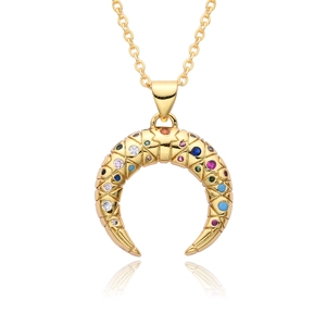 Luxurious gold crescent moon pendant necklace with colorful micro-set zircons and chain