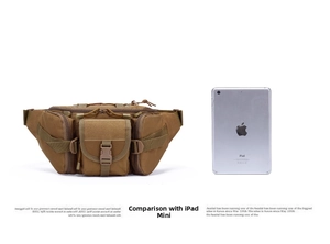 Tactical nylon waist bag shown with iPad mini for scale reference in khaki brown