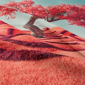 Tapisserie bohème en microfibre avec des arbres rouges surréalistes et paysage de ciel bleu