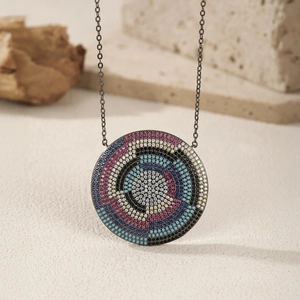 S925 sterling silver shield necklace with colorful mosaic stones and dark finish