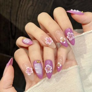 Handmade stiletto press-on nails with 3D floral art in lavender and pink tones