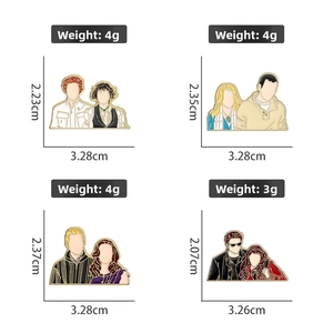 Detailed size view of Twilight character enamel pins with weight and dimensions info
