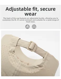Detail view of adjustable buckle and breathable mesh fabric on khaki quick-dry baseball cap