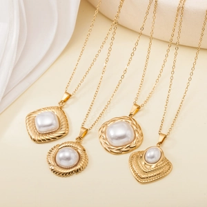 Golden stainless steel necklaces with pearl pendants in rhombus, round, and heart shapes