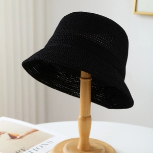 Cappello di paglia nero da donna con maglia a uncinetto traspirante e stile pescatore rétro
