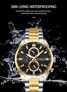 Detail view of water splashes around CURREN men's quartz watch showing 30M waterproof feature