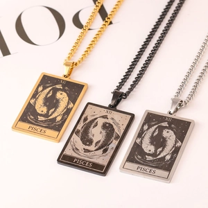 Three square Pisces zodiac pendant necklaces in gold, black, and silver finishes