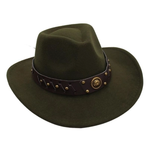 Detail of dark olive western wool hat with studded brown leather band and horseshoe emblem