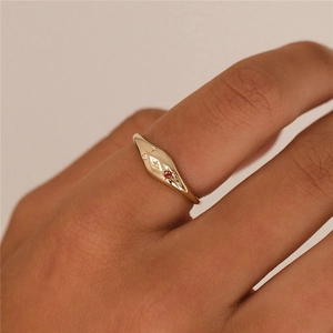 Detailed shot of a gold-plated signet ring with a red gemstone and starburst engraving