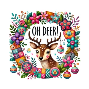 Christmas reindeer wall decal with festive flower wreath and Oh Deer typography