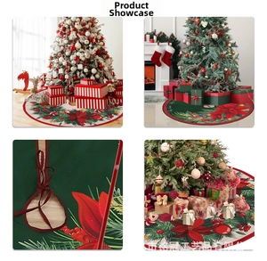 Detail of 90cm round Christmas tree skirt with festive floral prints and tie closures