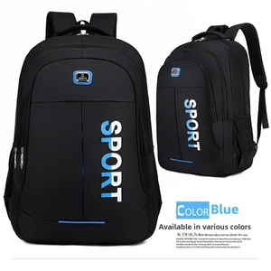 Detailed side view of a large black Oxford cloth sports backpack with blue gradient accents
