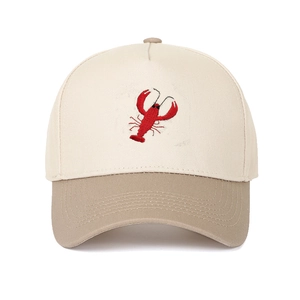 Retro cotton baseball cap featuring lobster embroidery with beige crown and khaki brim