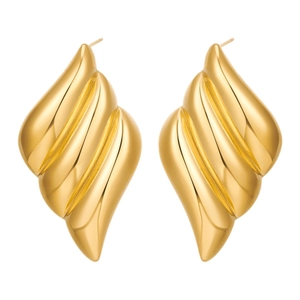 Polished gold wing stud earrings with minimalist flame design on white background