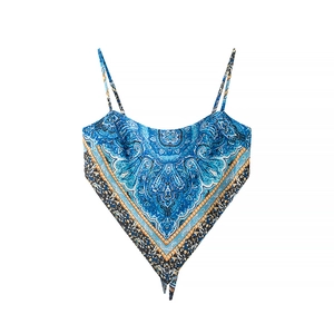 Bohemian paisley print camisole with blue floral pattern and triangular handkerchief hem