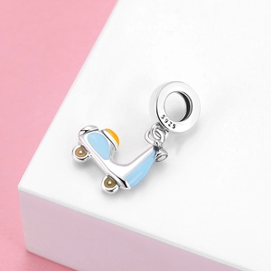 S925 sterling silver scooter charm with blue and yellow enamel for DIY bracelets