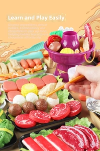 Detailed close-up of kids play food set with toy hot pot and realistic food accessories