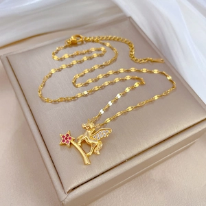 Elegant gold titanium necklace with pegasus unicorn and red star crystal pendant
